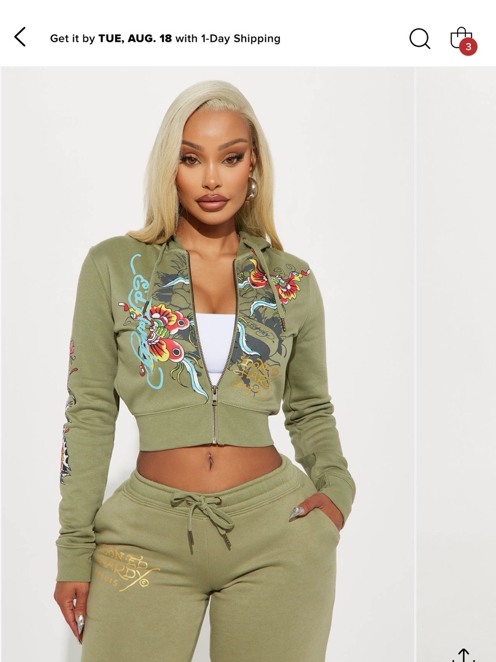 Ed Hardy Sage Green Zip-Up Hoodie with butterflies.